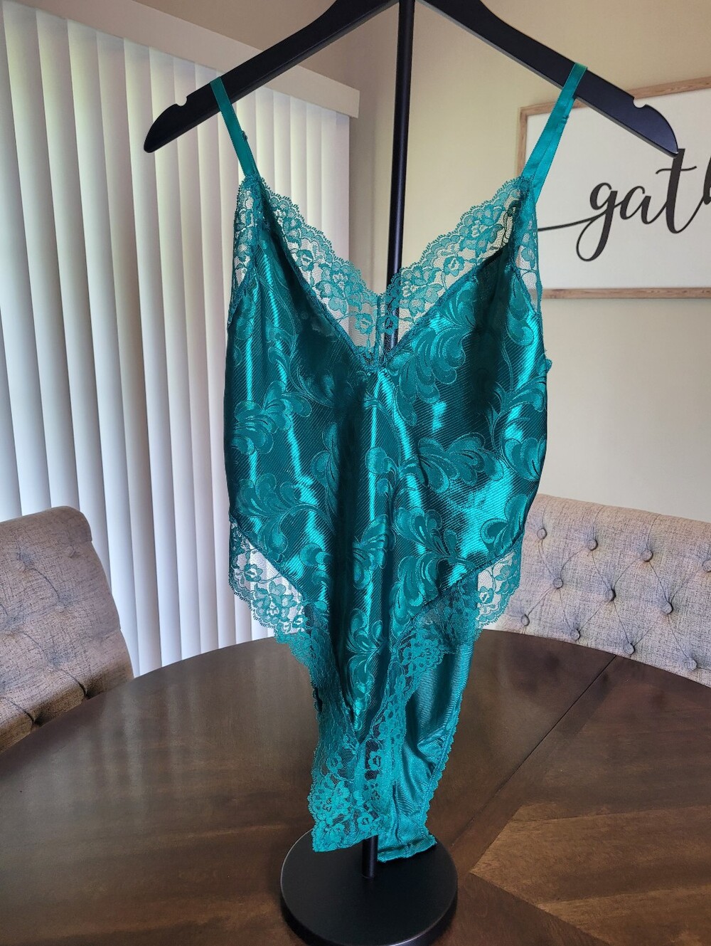 Intimate Moods Teal Lace Trim Satin Teddy Bodysuit.  Size L